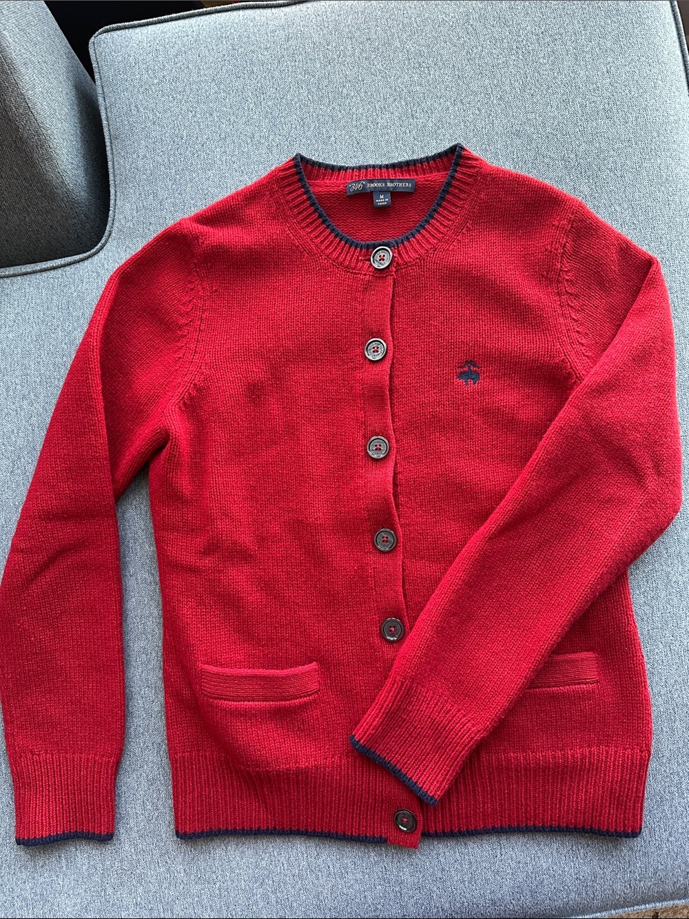 Brooks Brothers 100% Wool Red Crewneck Button Cardigan Medium